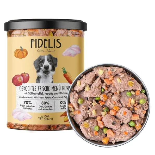 Fidelis - Comida Cocinada en tarro de Pollo con boniato, zanahoria y manzana