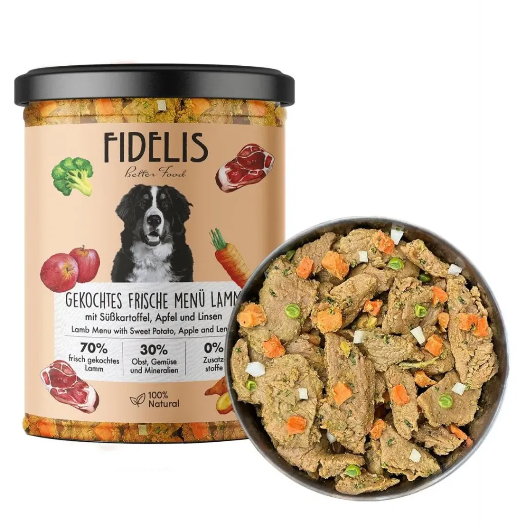 Fidelis-Menú Cocinado en tarro de Cordero con boniato, manzana y lentejas