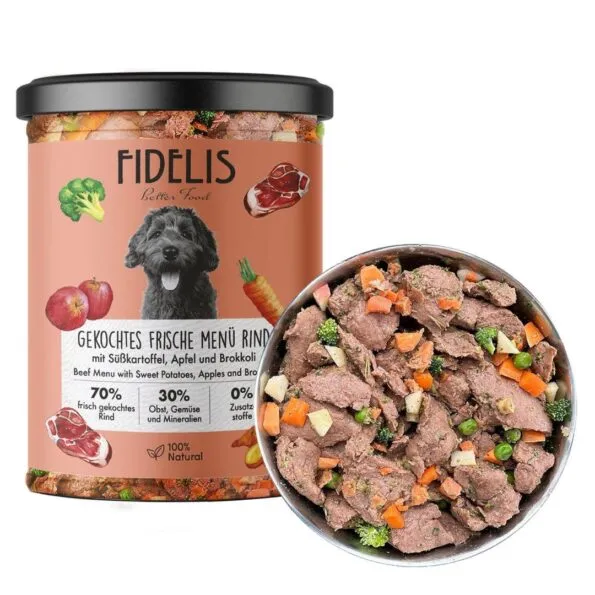 Fidelis- Menú Cocinado en tarro de Ternera con boniato y manzana