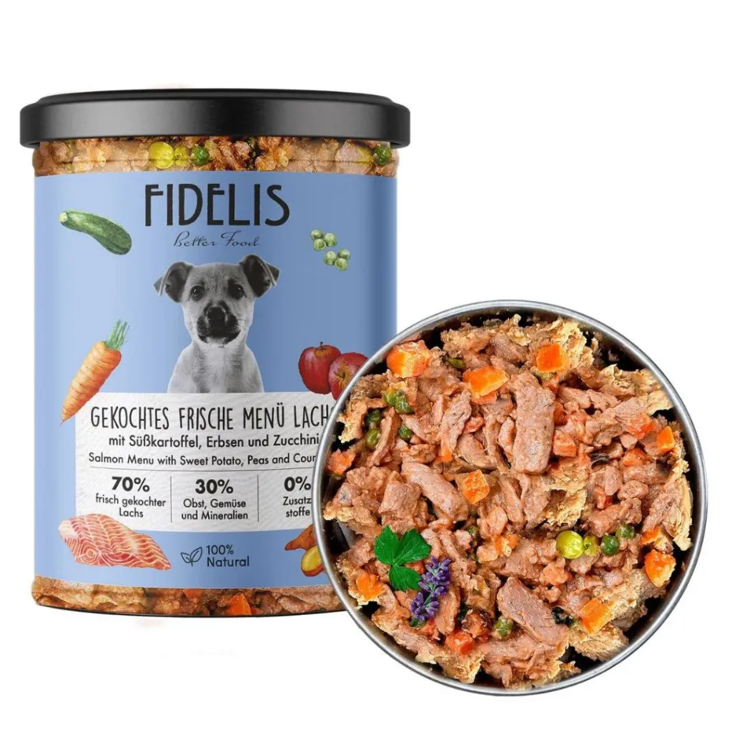 Fidelis- Menú cocinado en tarro de Salmón con boniato y calabacín