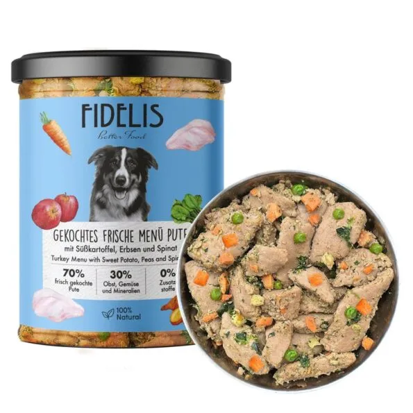 Fidelis - Menú cocinado en tarro de Pavo con boniato, espinacas y manzana