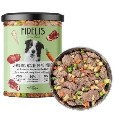 Fidelis- Menú cocinado en tarro de Caballo con boniato, zanahoria y arándanos